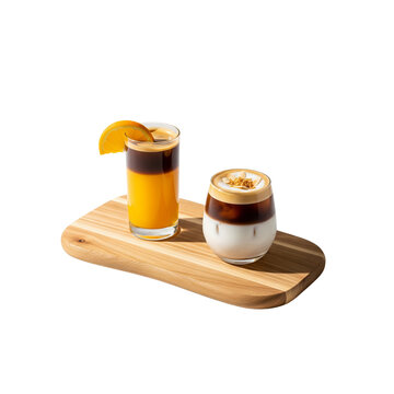 Stylish wooden board serving orange americano,&nbsp;coconut americano glass, white background