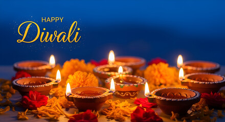 Happy Diwali Lighting diya oil lamps and flowers against a blue backdrop This is a traditional Indian festival of lights Celebrating a religious holiday. with copy space ...