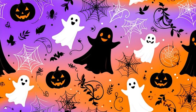 Halloween pattern with ghosts, pumpkins, and spiderwebs on a gradient background
