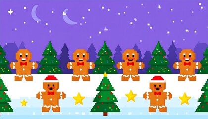Pixel art gingerbread men by snowy Christmas trees at night