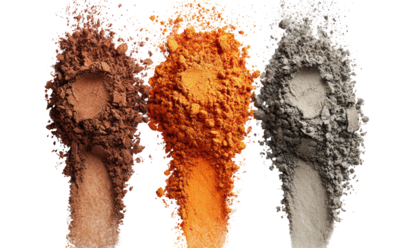 Three piles of loose, textured powder in varying shades of brown, orange, and gray
