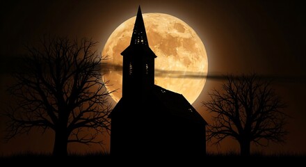 Spooky Halloween Scene Silhouette of a Decaying Church Underneath a Glowing Harvest Moon  Flanked by Leafless Trees in a Dark and Mysterious Night Setting