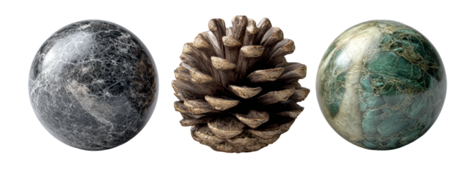 Three Unique Natural Objects: Stone, Pinecone, and Marble Sphere