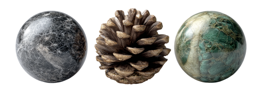 Three Unique Natural Objects: Stone, Pinecone, and Marble Sphere