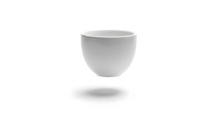 A pure white ceramic handle-less teacup floating gracefully over a seamless white background, symbolizing minimalism and tranquility