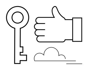 Hand thumbs up, vintage key, cloud outline emphasizing access, achievement, opportunity, approval, solutions, security. Ideal for success strategy teamwork motivation branding startups