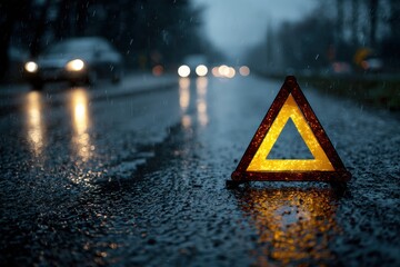 High-Quality Emergency Road Safety Triangle on Wet Asphalt During Rain Modern Transportation Risk Prevention for Professional Marketing and Safety Campaigns