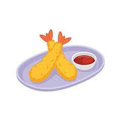 Crispy golden tempura shrimp served on a light purple oval platter with a small dish of red dipping sauce vector
