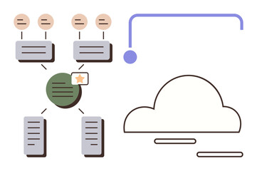 Data nodes linked in a flowchart, central star-rated node, hierarchical layout, connected to a cloud element. Ideal for data organization, cloud storage, flowchart, programming, network