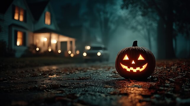Glowing Jack-O'-Lantern on a Spooky Halloween Night - Powered by Adobe