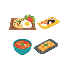 Assortment of delicious asian food dishes isolated on white for culinary design vector