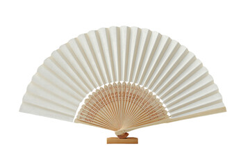 Cream-colored hand fan,  wood handle,  ornamental design