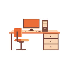 Modern office desk setup with computer monitor tower chair and drawers flat design vector