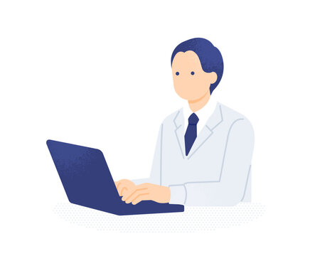 建設会社の営業所でPC入力する男性事務スタッフのイラスト