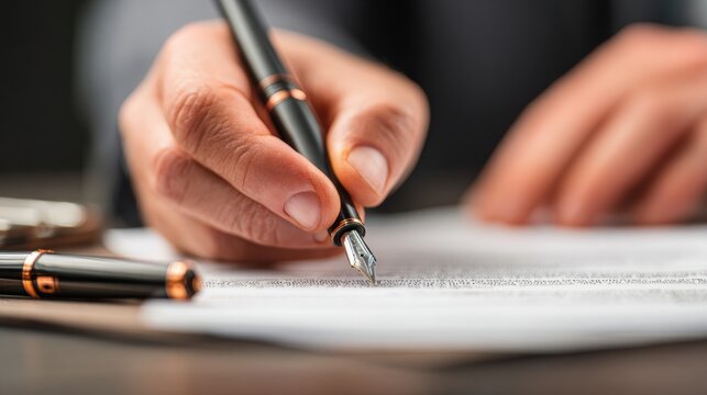 Professional Man Signing Business Contract with Fountain Pen Authentic High-Quality Corporate Paperwork for Modern Marketing and Editorial Content