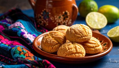 Sweet, golden treats on a plate, beside colorful cloth and citrus