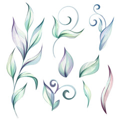 Watercolor set of brushes and fresh leaves, elegant botanic, vintage, romantic style. For wedding, greeting cards, fabric, printing