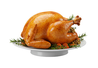 Whole roasted turkey on a white plate isolated on transparent background