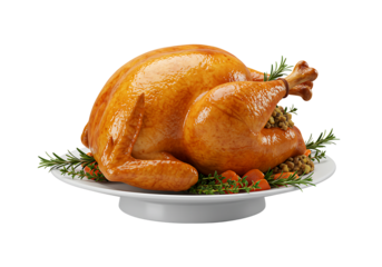 Whole roasted turkey on a white plate isolated on transparent background