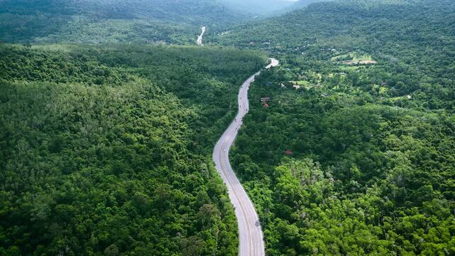 Drone footage of the aerial view of a winding road cutting through lush green forest. Scenic highway number 304 in Thailand links the Bangkok area to Nakhon Ratchasima in the northeastern region