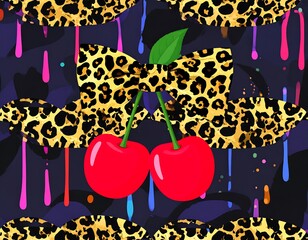 Pattern of cherries, leopard print, and dripping paint