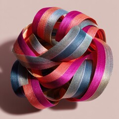 Colorful ribbon spirals forming an artistic abstract shape on a soft pink background, perfect for creative projects and designs
