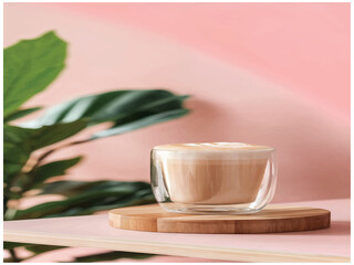 Latte Art: Captivating close-up of a perfectly crafted latte, nestled on a natural wooden stand, set against a gradient backdrop with a hint of greenery.