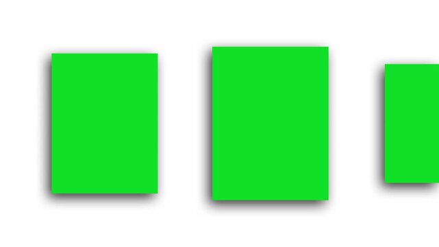 Animated Group of green Blanks Mockups with Shadows lying on Neutral Light background (Flat lay Animation) . Paper Blank Mock Up. Branding Identify, Business Cards in green paper Mockups. 4k