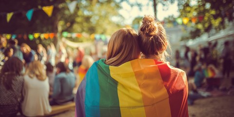 Obraz premium Premium Authentic LGBTQIA Pride Celebration with Two Women Embracing Under Rainbow Flag at Outdoor Festival for Modern Social Media Marketing