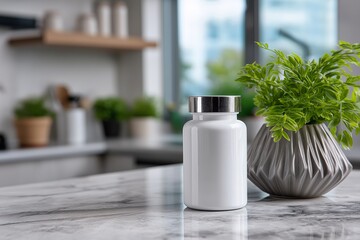 Clean white supplement bottle with glossy cap placed on marble countertop beside a decorative plant, showcasing modern kitchen aesthetics and health-focused lifestyle