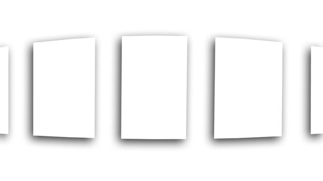 Animated Group of White Blanks Mockups with Shadows lying on Neutral Light background (Flat lay Animation) . Paper Blank Mock Up. Branding Identify, Business Cards in white paper Mockups. 4k