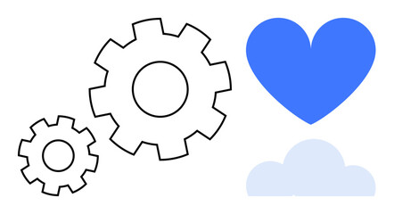 Two gears representing innovation, a blue heart symbolizing emotion, and a soft cloud embodying connectivity. Ideal for technology, collaboration, innovation, emotion, networking, teamwork simple