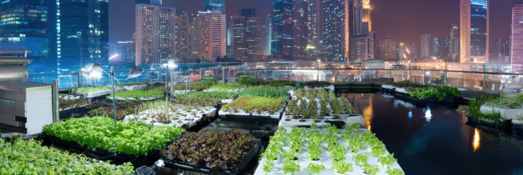 Modern Hydroponic Urban Rooftop Garden with Floating Greens Premium Innovative Agriculture for Young Professionals Marketing and Social Media Campaigns - Powered by Adobe