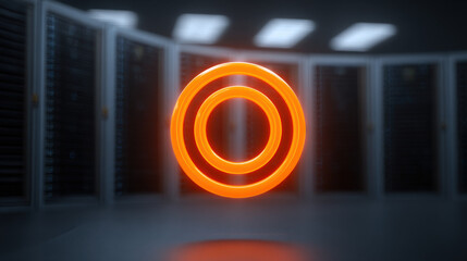 server room alarm icon hologram hovering above overheated rack risk mitigation metaphor illustration concept scene visual for commercial design use high detail quality stock image illustration concept