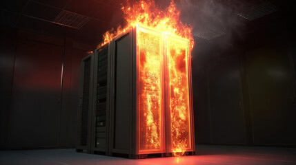 server room alarm icon hologram hovering above overheated rack risk mitigation metaphor illustration concept scene visual for commercial design use high detail quality stock image illustration concept