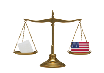 Scales of justice balancing a document and the union jack isolated on transparent background