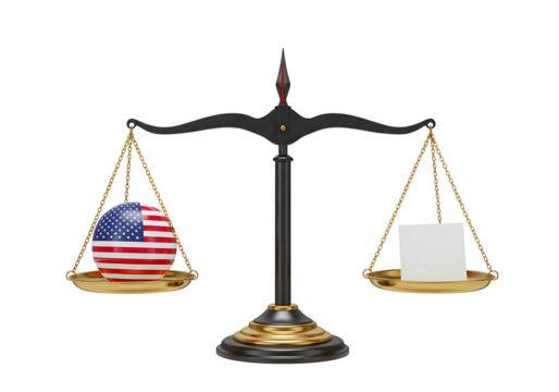 Scales of justice balancing a document and the union jack isolated on transparent background