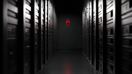 server room alarm icon hologram hovering above overheated rack risk mitigation metaphor illustration concept scene visual for commercial design use high detail quality stock image illustration concept