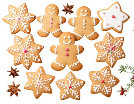 Christmas Gingerbread Cookies on Wooden Table, Overhead View, isolated transparent background png