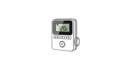 A digital thermostat with a clear display showing 1200 and four buttons, isolated on a transparent background