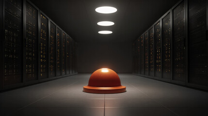 server room alarm icon hologram hovering above overheated rack risk mitigation metaphor illustration concept scene visual for commercial design use high detail quality stock image illustration concept