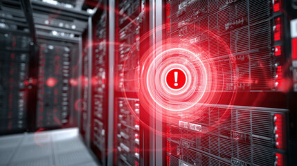 server room alarm icon hologram hovering above overheated rack risk mitigation metaphor illustration concept scene visual for commercial design use high detail quality stock image illustration concept