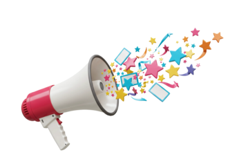  megaphone emitting scattered papers and confetti isolated on transparent background