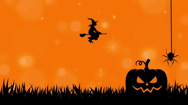 Creepy loopable Halloween background animation with flying witch silhouette riding broomstick, hanging spider, and scary jack o lantern pumpkin laughing on dark orange background.