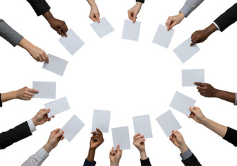 Diverse hands holding blank cards in a circle isolated on transparent background