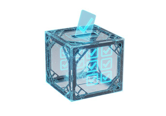 Fototapeta premium Futuristic transparent voting box with holographic ballot isolated on transparent background