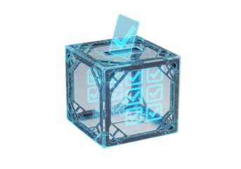Futuristic transparent voting box with holographic ballot isolated on transparent background