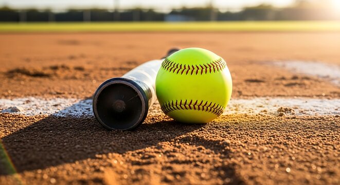 A bright yellow softball rests beside a baseball bat on a dirt field, near a white line.