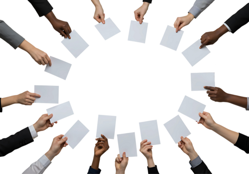 Diverse hands holding blank cards in a circle isolated on transparent background