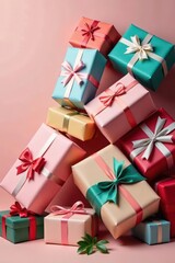 Fototapeta premium Pile of diverse wrapped gifts, colorful paper, xmas, holiday season, ribbon